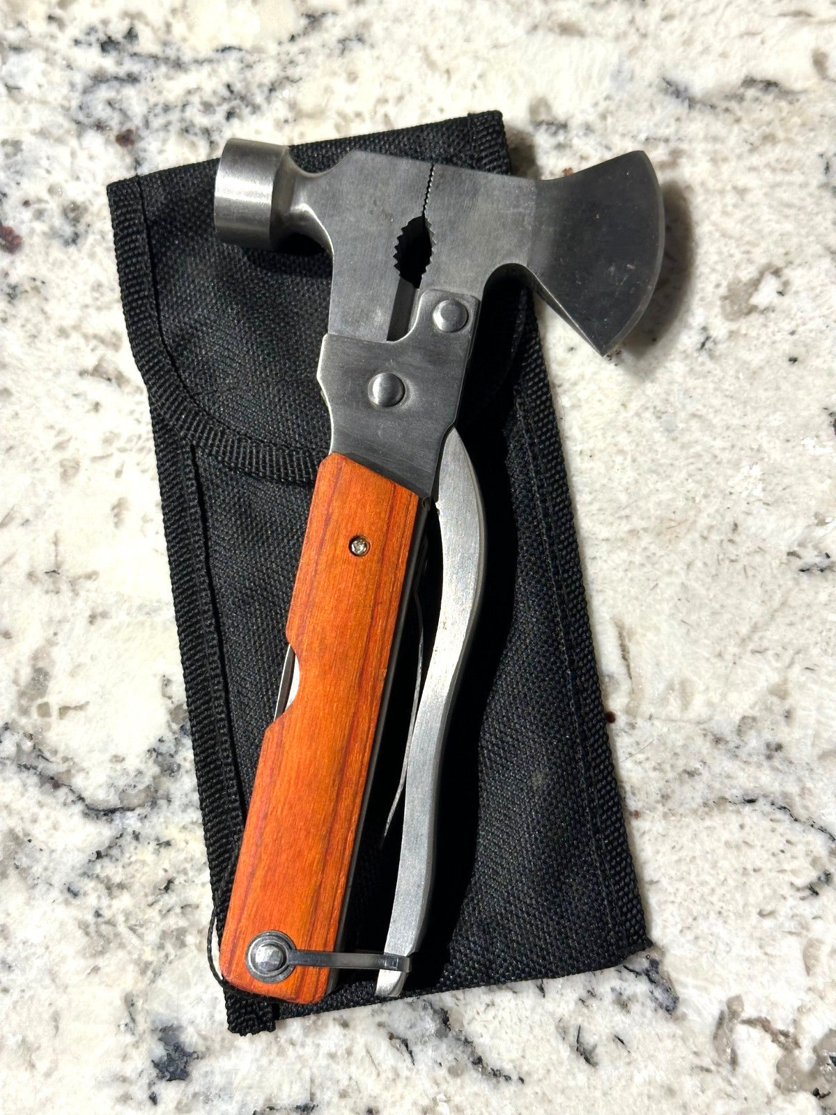 WOOD HANDLE Vintage Camping Axe Hammer Folding Multi Tool Knife Saw w/Sheath GUC