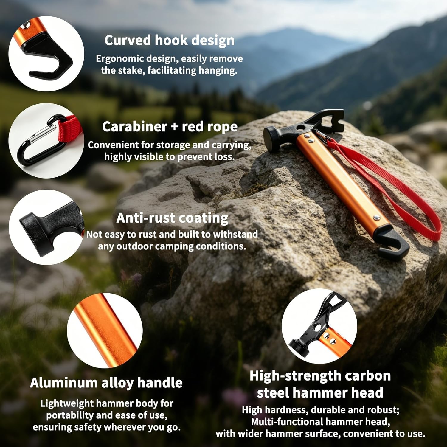 Carbon Steel Aluminum Camping Hammer, 12″ Small Lightweight Three-in-One Func…