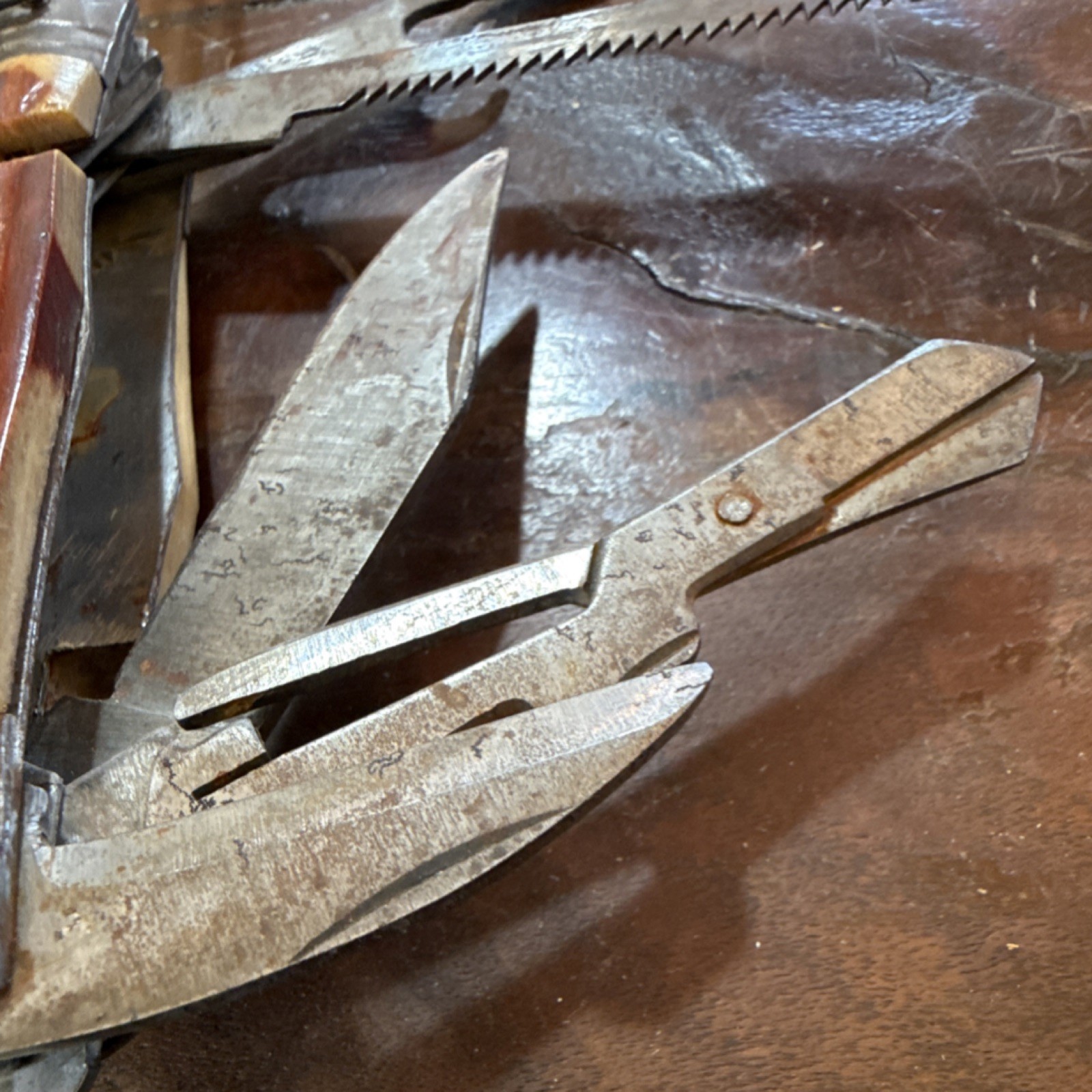 Vintage Camping Multi-Tool Utensil Set Steel Wood Knife Fork Spoon Scissors