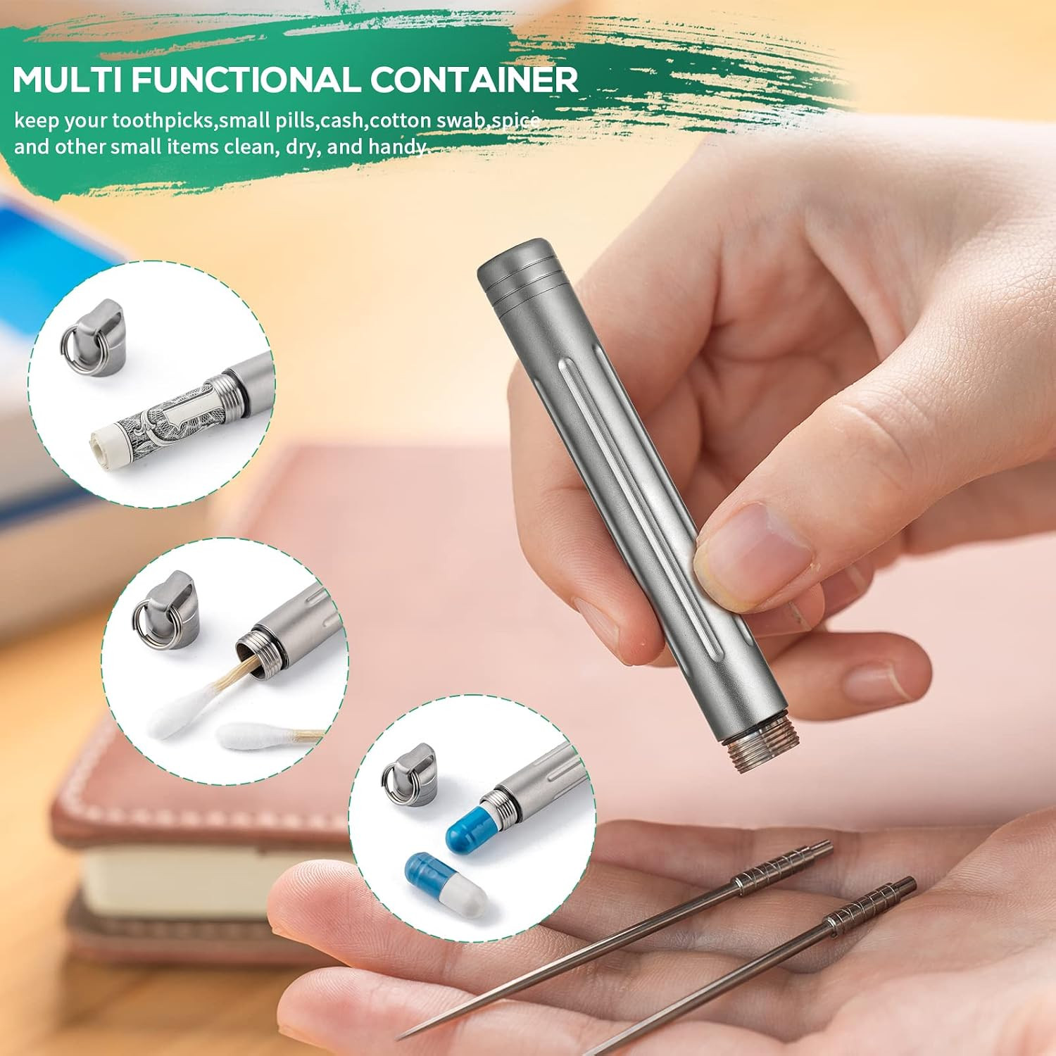 Titanium Portable Toothpick Holder Pocket with 3 Titanium Metal Toothpicks Reusa