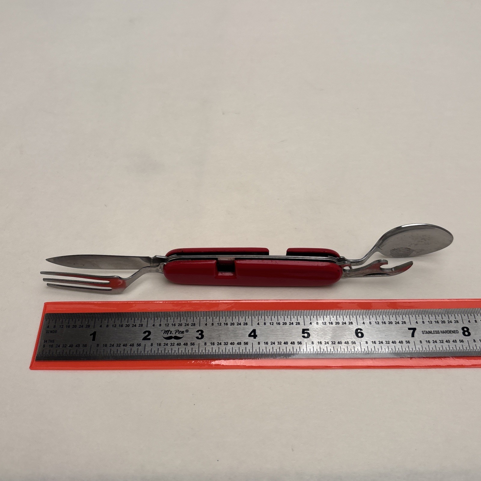 Vintage Red Camper 6 Tool Folding Knife Spoon Fork Can & Bottle Opener Hunt Camp