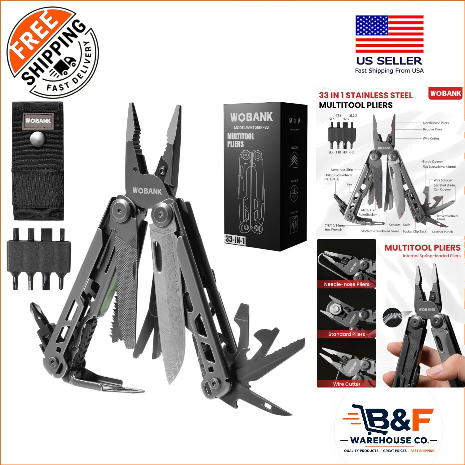 Compact 33-in-1 Multitool with Damascus Knife & Luminous Strip for Low-Light Use
