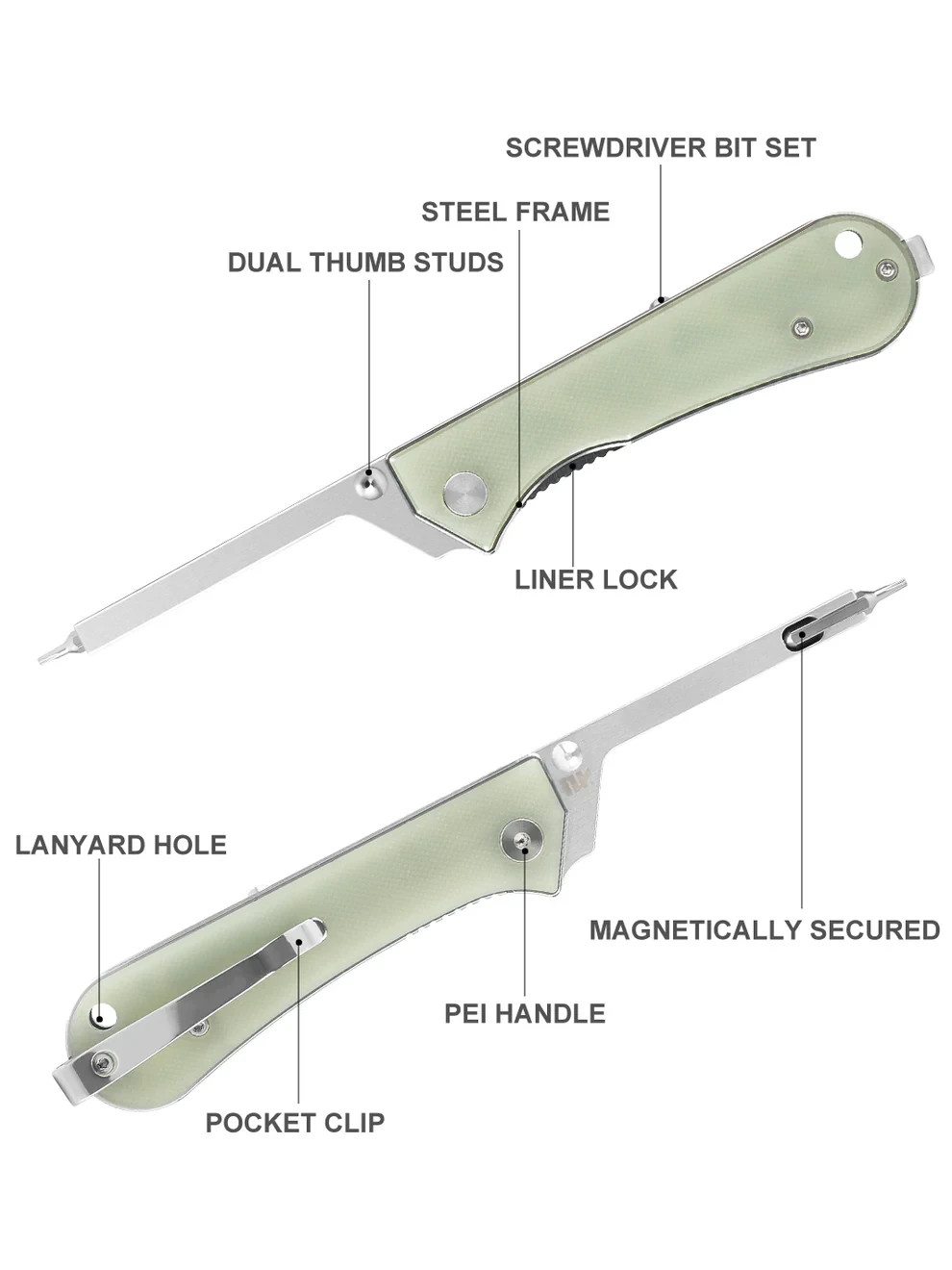 NUKNIVES Kumpanter Folding Screwdriver With Bits Pocket Clip Liner Lock Green