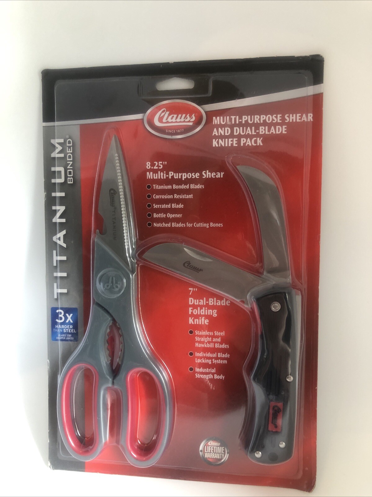 Clauss Titanium 8.25″ Shear Cutting Scissors +7″ Dual Blade Folding Pocket Knife