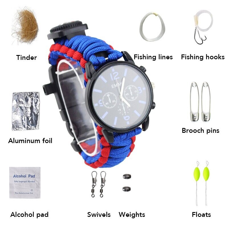 Emergency Survival Outdoor Watch Analogue Compass Paracord Flint And Steel Kit
