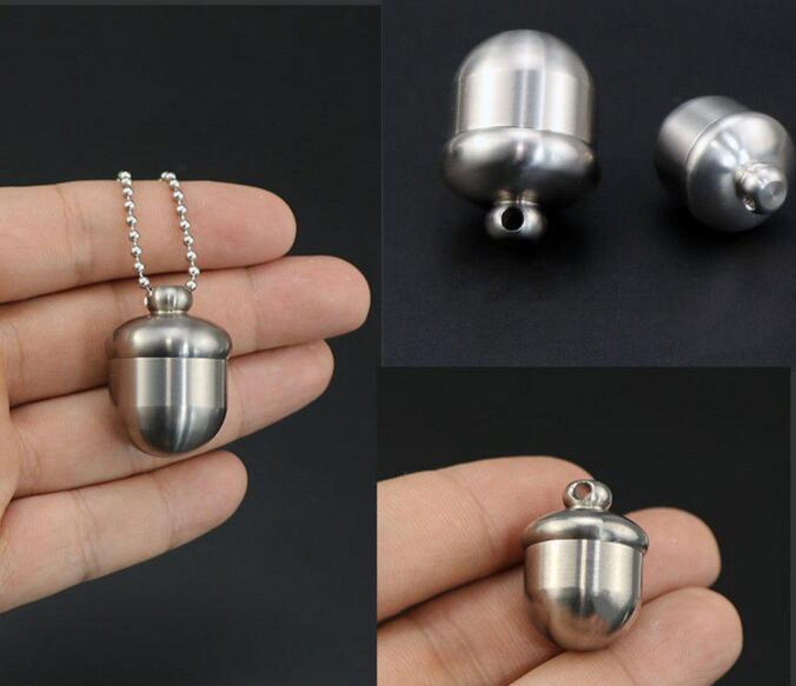 EDC Portable Pure Titanium Acorn Shape Waterproof Case Pill Box Ti Chain Pendant