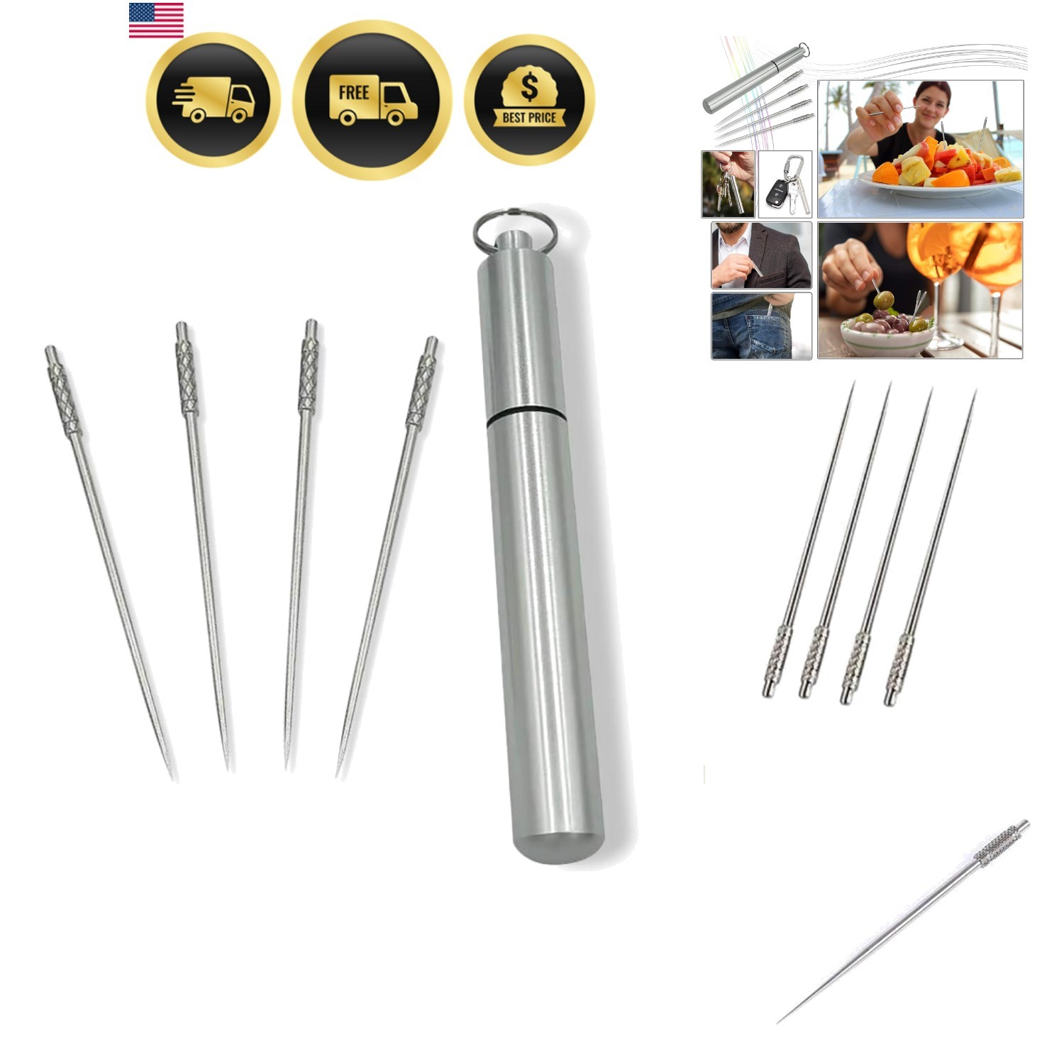 4 Pieces Titanium Toothpicks Set With Stainless Toothpick Holder for Keychain…