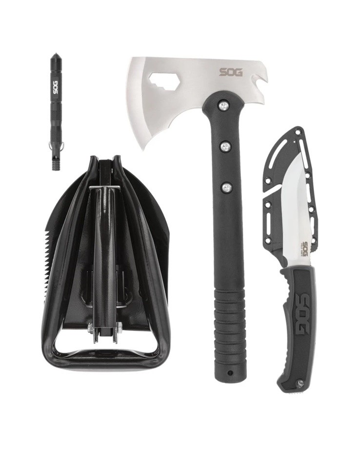 SOG Ultimate Camping Kit, Field Knife, Camp Axe, Entrenching Tool, Flint New