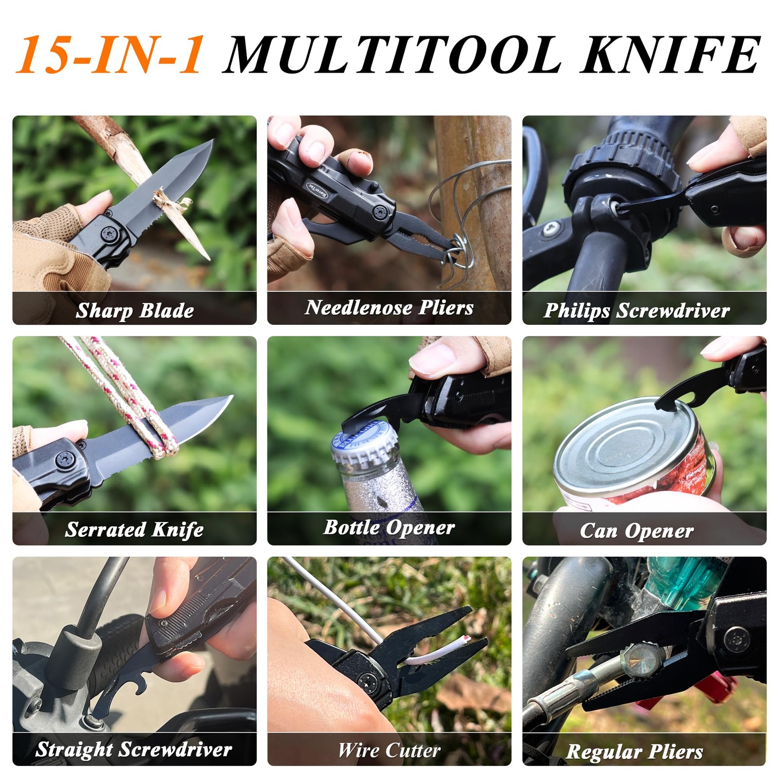 RoverTac Pocket Knife, 15-in-1 Multitool with Pliers, Bottle & Can Black