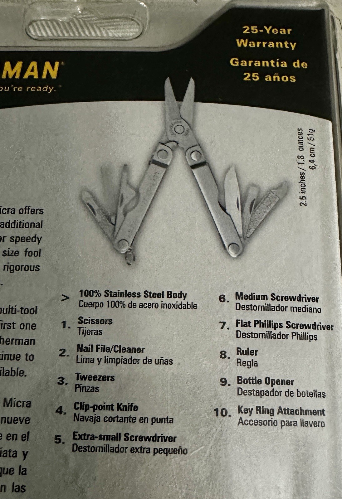 Leatherman Micra Multi-Tool Stainless Steel 10 Tools 64010116K Blister Pack VTG