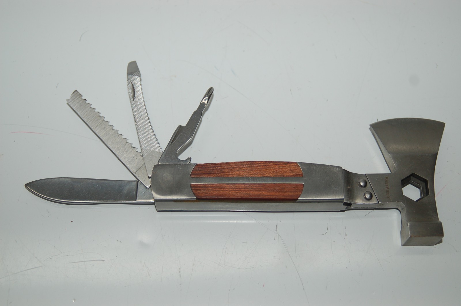 Sheffield Multi Tool Hatchet Axe Folding Knife Saw Blade Stainless with Sheath