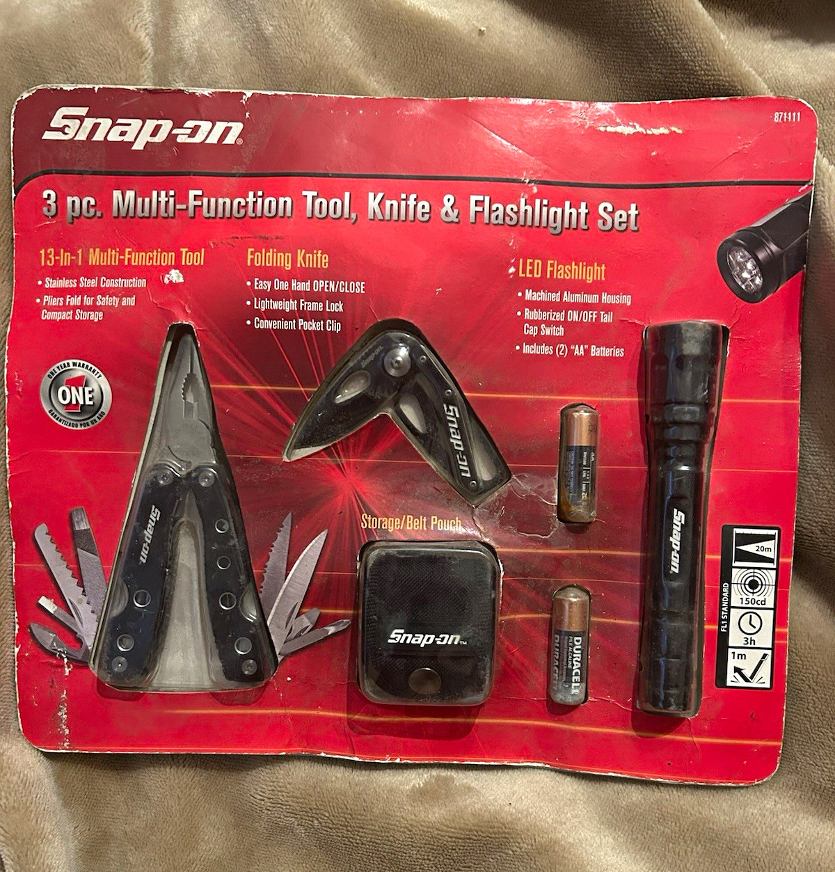 Snap-on 3-Piece Multi-Function Tool, Knife & Flashlight Gift Set (New)