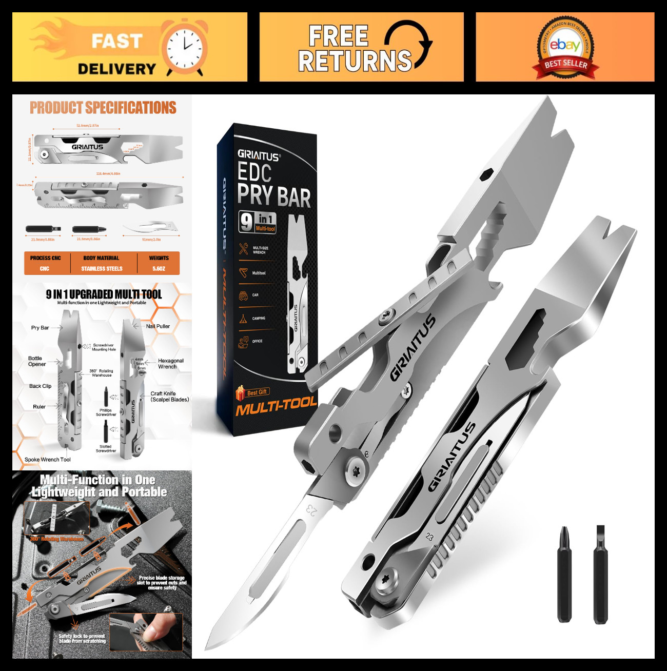 Versatile Multitool Pry Bar Wrench with Screwdrivers, Box Cutter, Bottle Opener