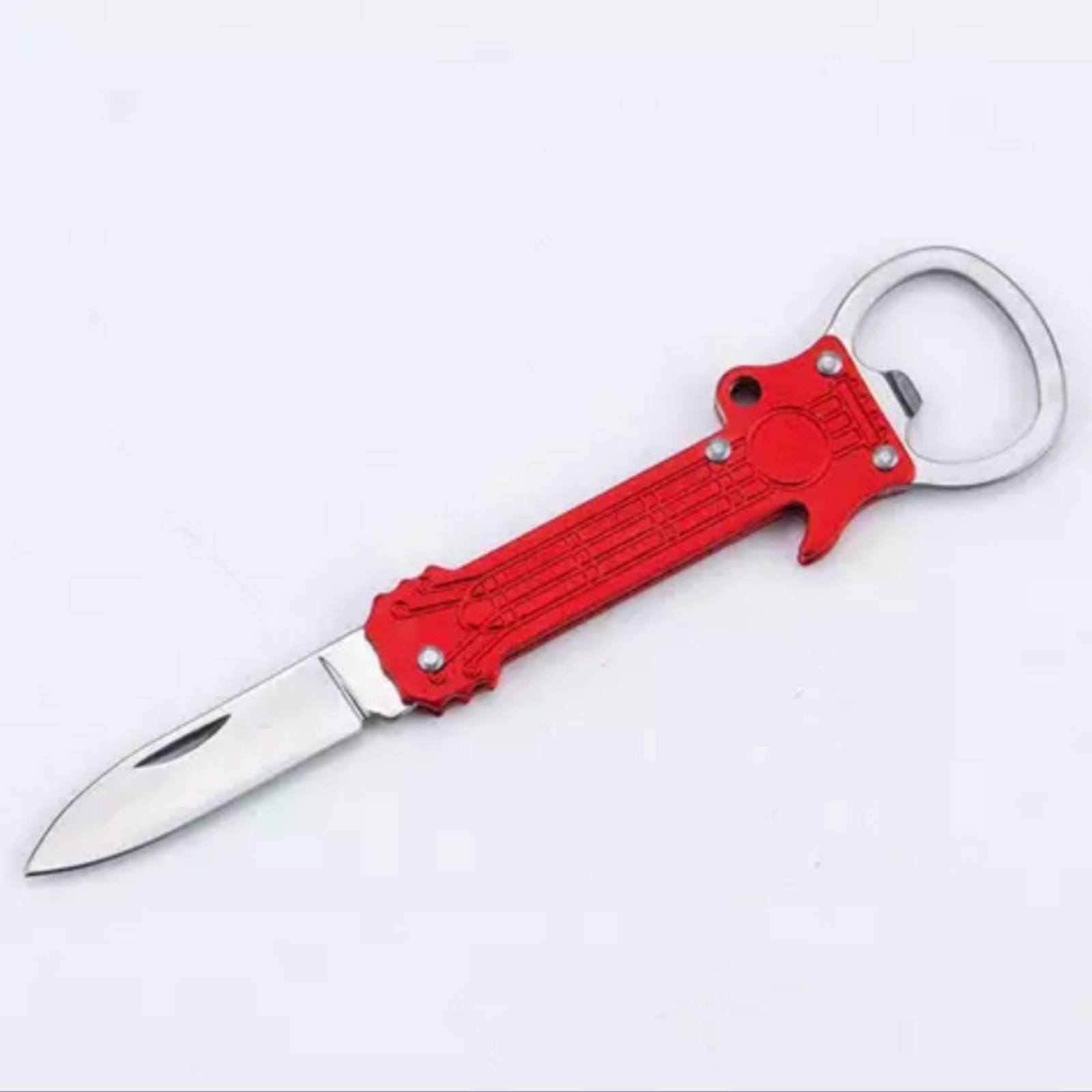 GUITAR SHAPE METAL KEY CHAIN & BOTTLE OPENER KNIFE PEELER SURVIVAL FOLDING BLADE