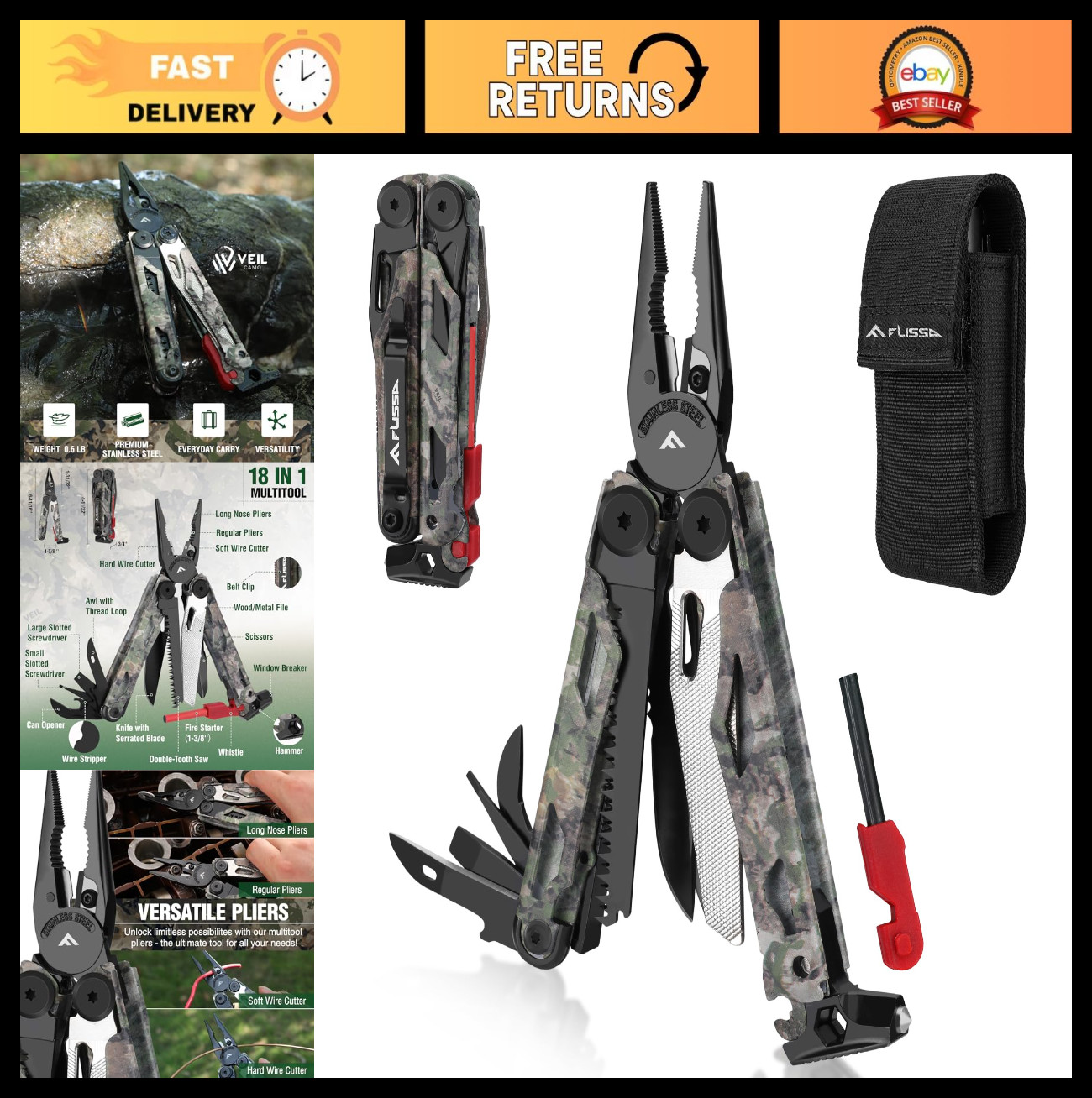 18-in-1 Camo Multitool Pliers with Fire Starter, Window Breaker & Whistle – EDC