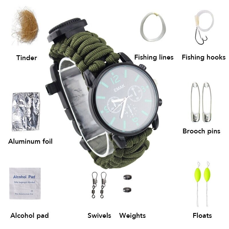 Emergency Survival Outdoor Watch Analogue Compass Paracord Flint And Steel Kit