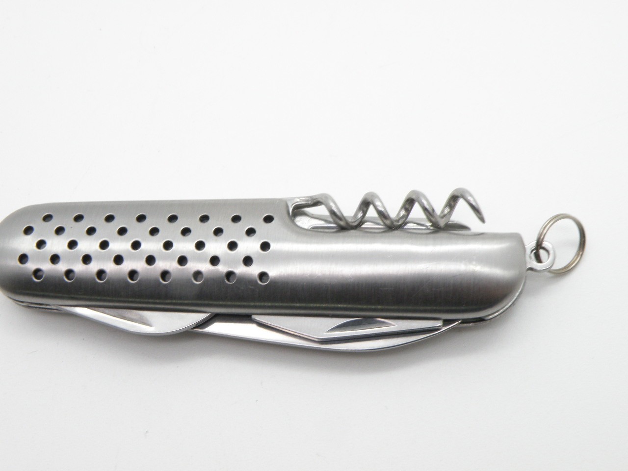 Vintage Silver Tone Multi-Tool Pocket Knife Stainless Steel Perforated Handle