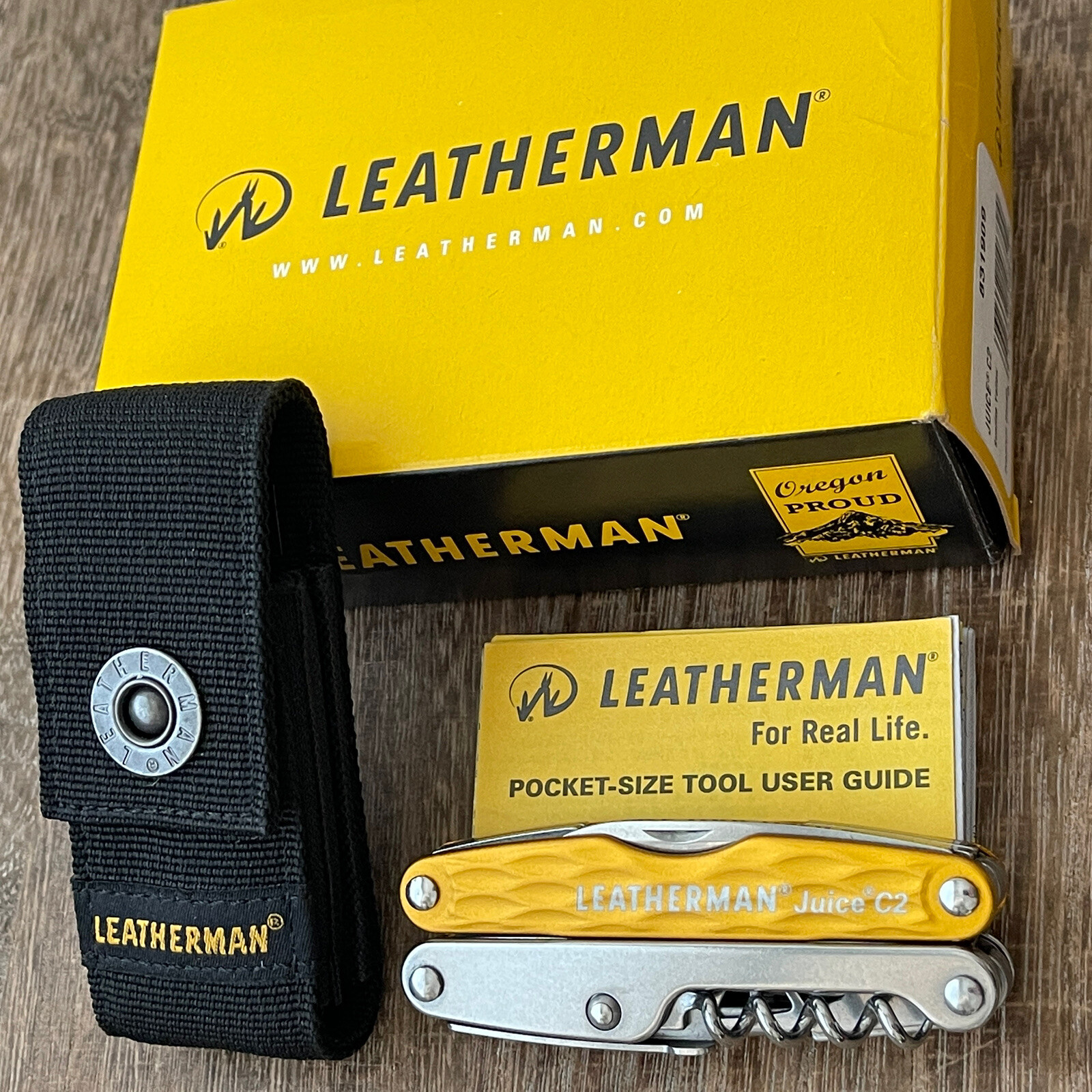 New, Leatherman Juice C2 Sunrise Yellow multitool w/premium nylon sheath