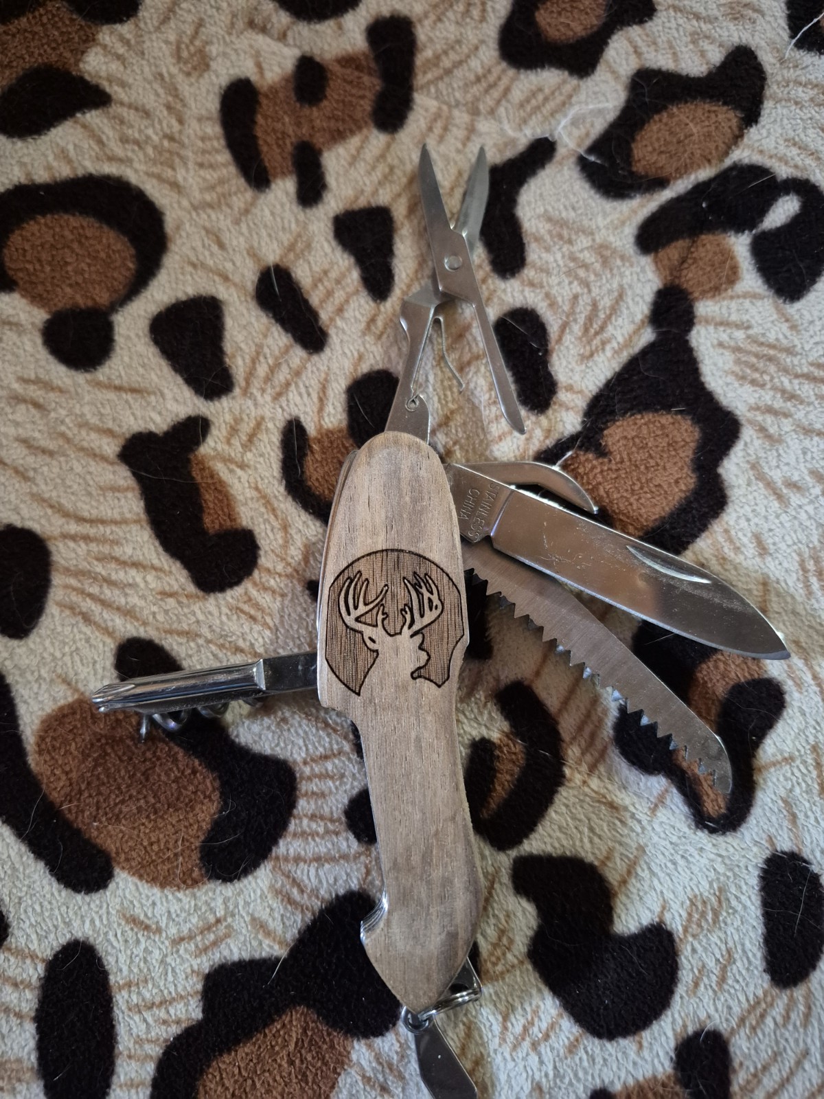 Wood Handle Multi-Tool Knife, Scissors, Corkscrew, Stainless Steel