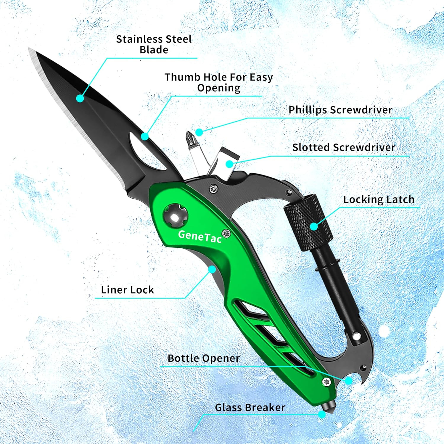Multi-Tool Carabiner with Pocket Knife, Bottle Opener, Window Breaker, Screwdriv