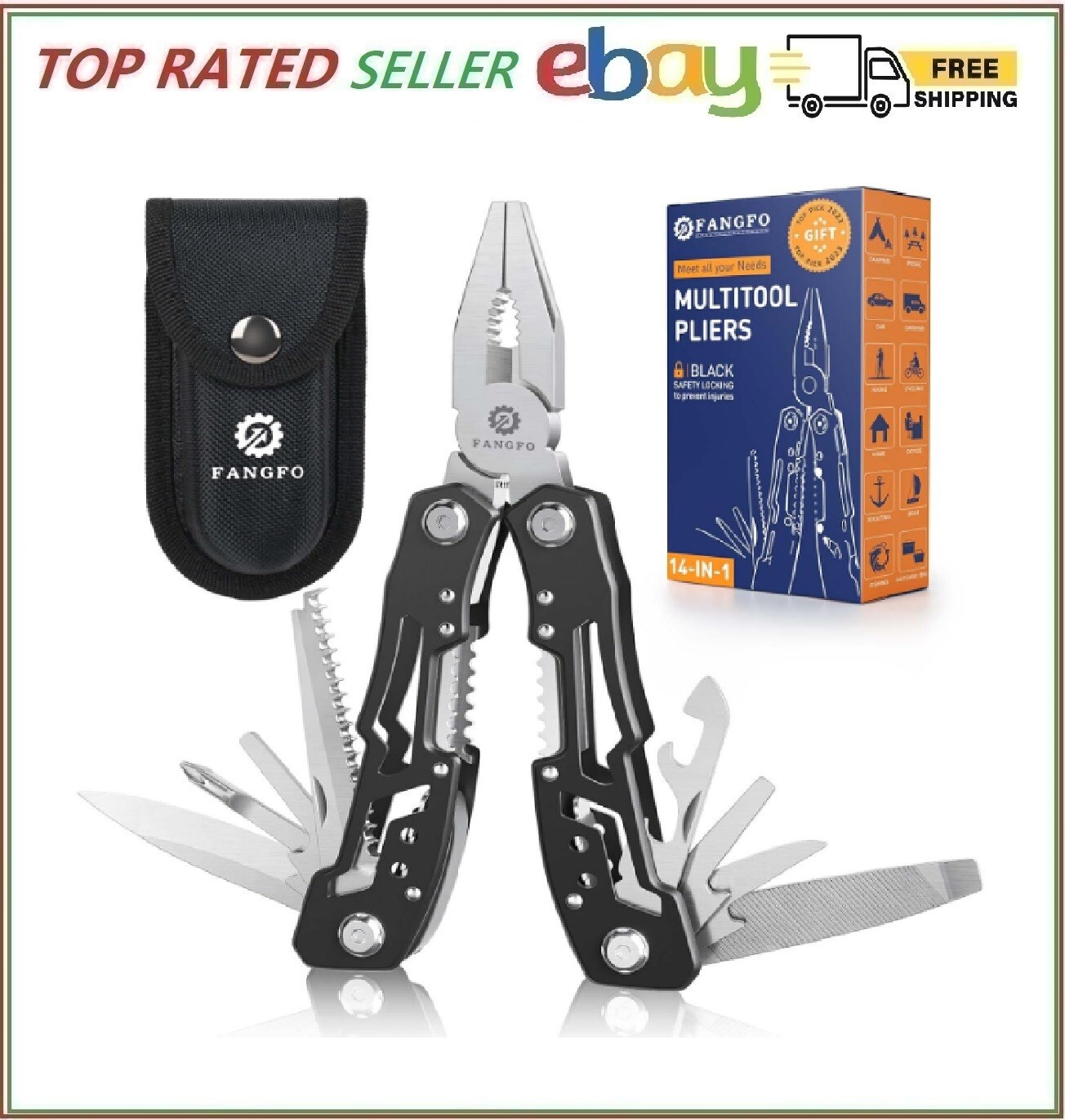 14-in-1 Survival Multitool Pliers Stainless Steel, Safety Locking, Nylon Sheath