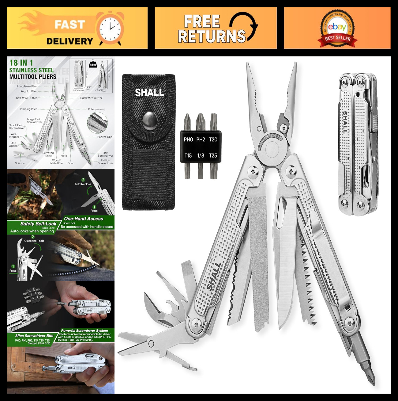 18-in-1 Multi Tool Pliers, Stainless Steel Pocket Knife, Screwdriver & Sheath fo