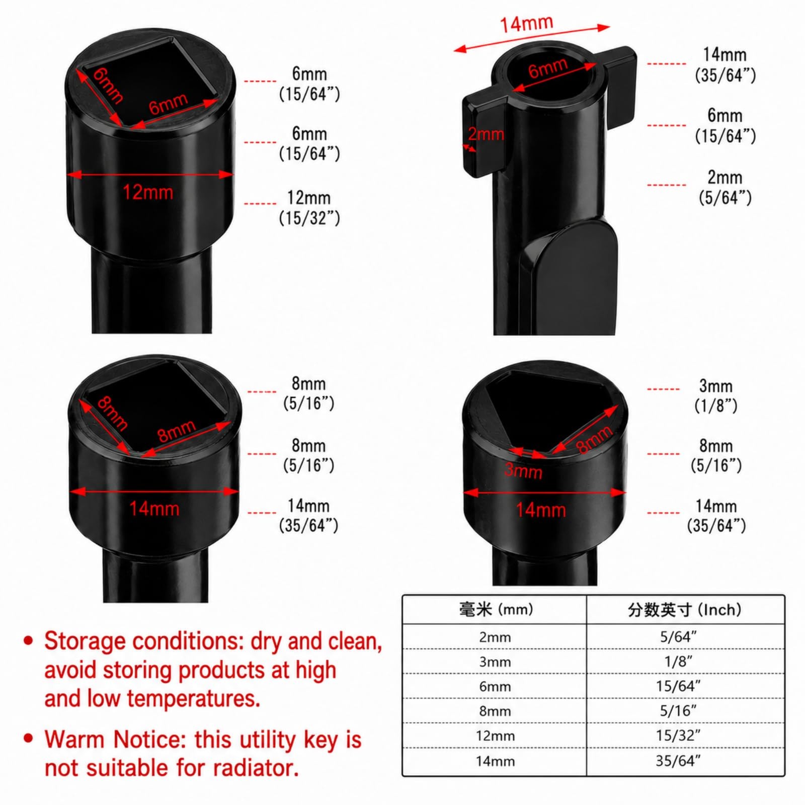 4 Way Sillcock Water Key, 15/64″, 5/16″, 15/32″, 35/64″ Multifunction Utility…