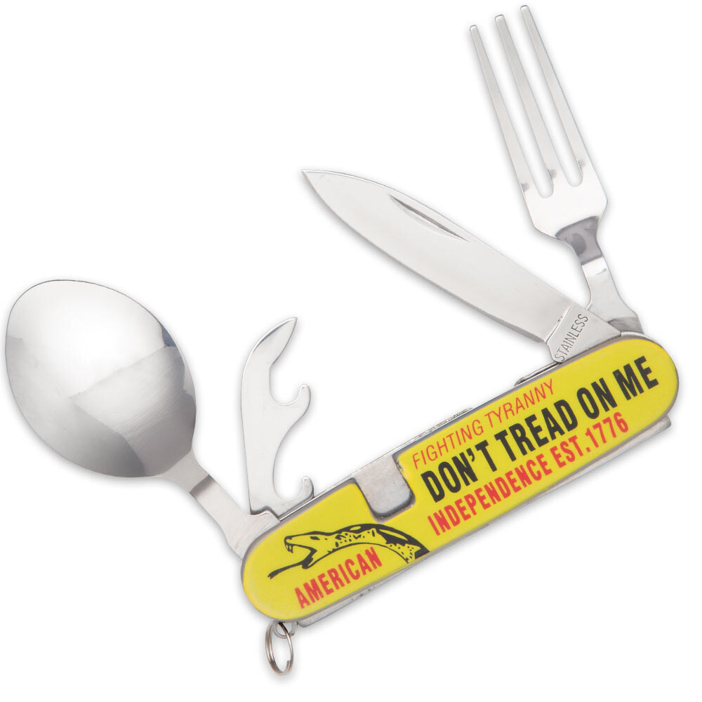 DON’T TREAD ON ME HOBO KNIFE CAMPING DINING TOOL UTENSIL SET FORK SPOON CAN 3.5″
