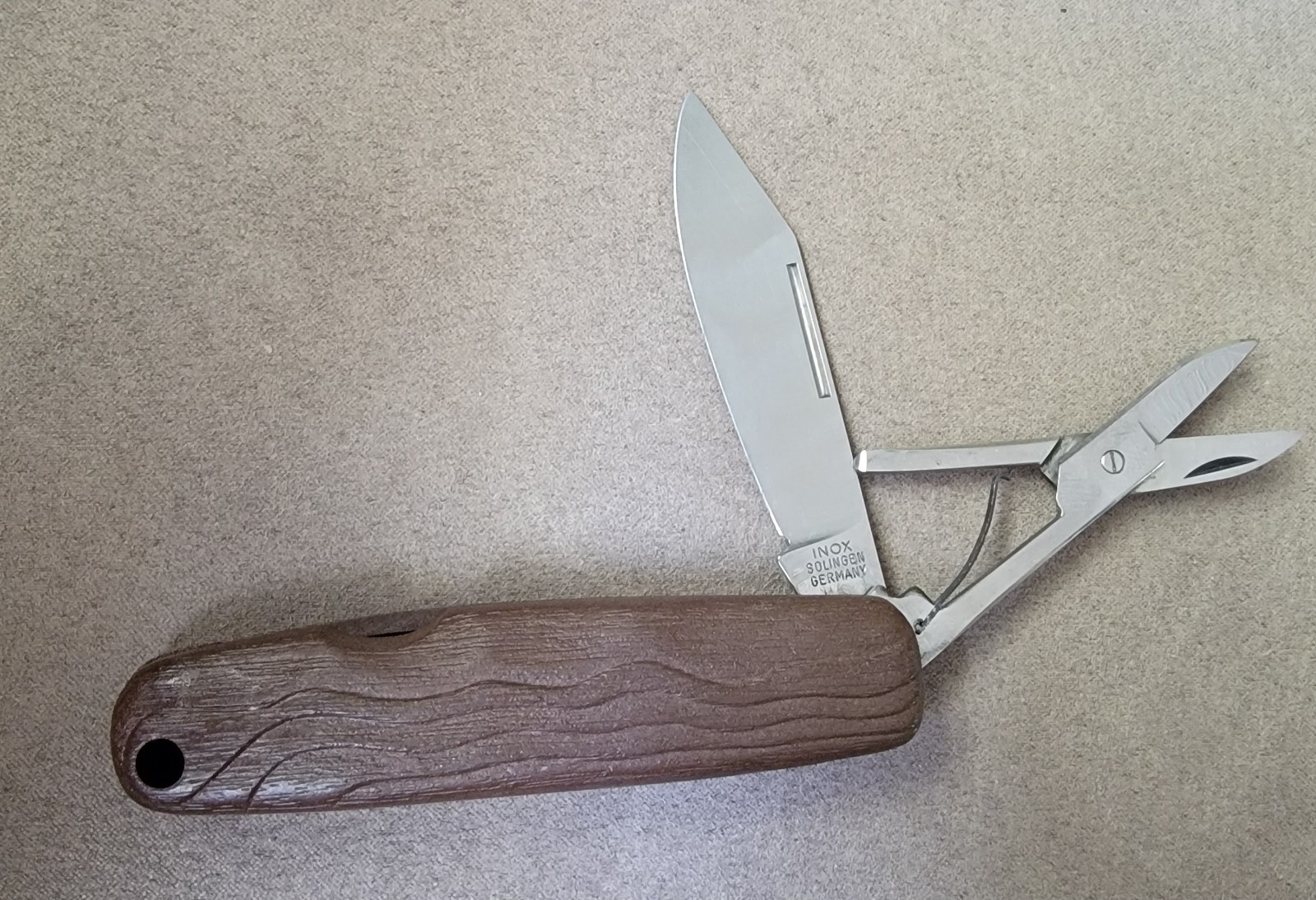 INOX SOLINGEN GERMANY Folding 3-Tool Knife/Scissors/Awl, 2.75″ Wood