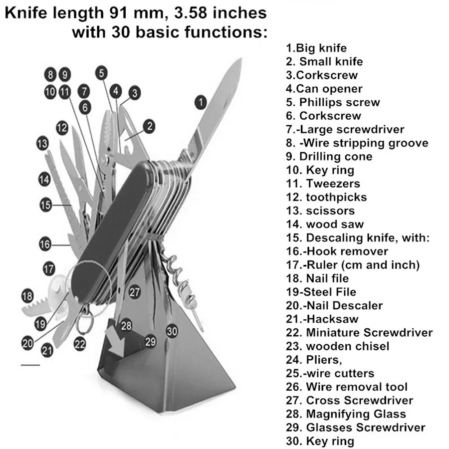 BEST QUALITY 17 in 1 Swiss / Navy Style Pocket Knife Multi Tool , Black, Brown