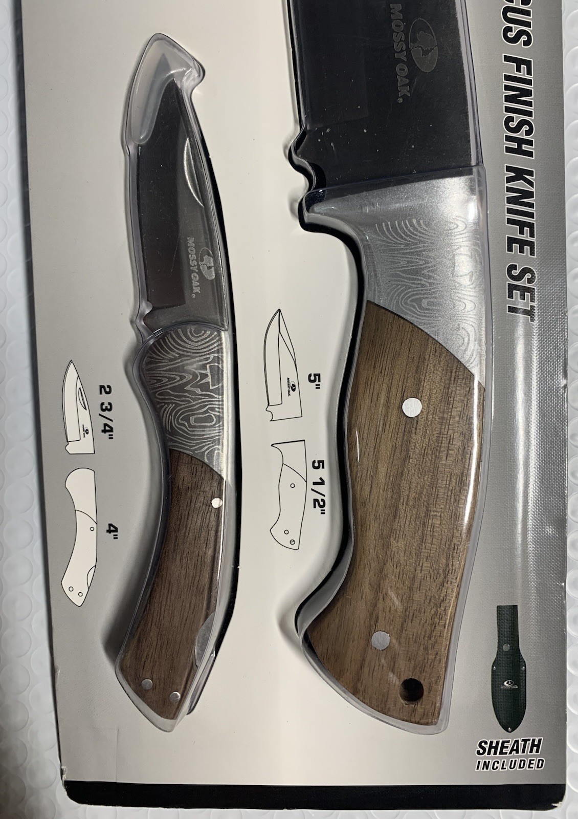 Mossy Oak Damascus Knife Set, 2 pack, 6.75″ Folding, 10.5″ Fixed Blade & Sheath