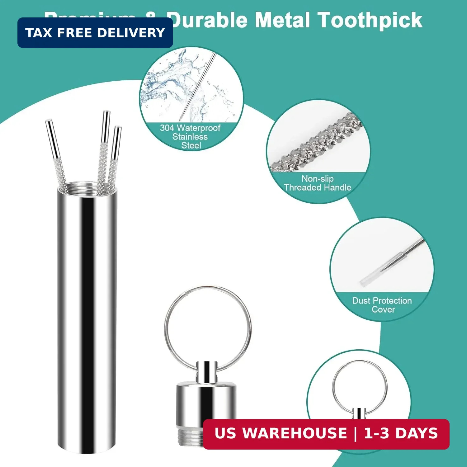 3 Pieces 2 Set Metal Toothpicks Kit, Reusable Toothpick Holder Portable Stainles