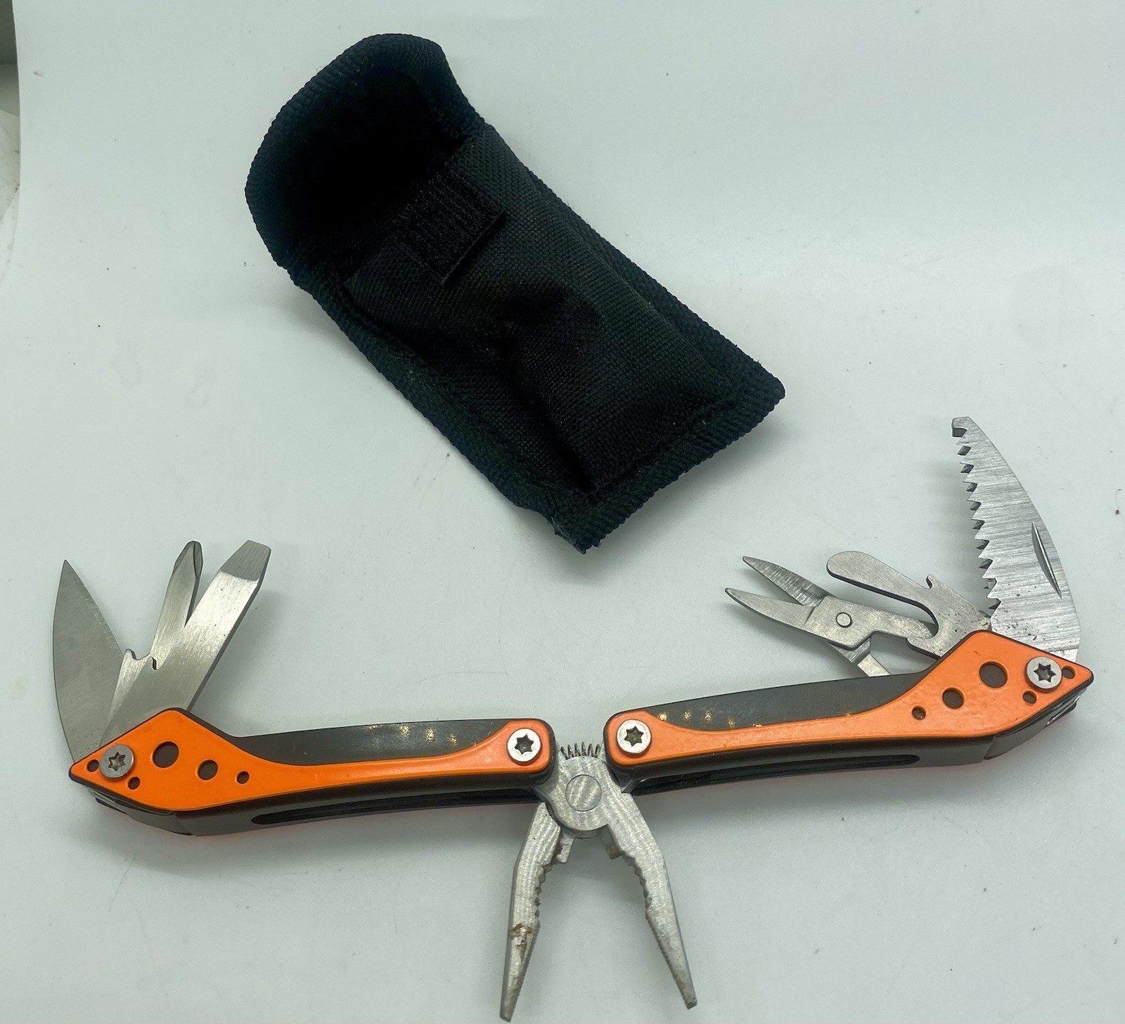Cabela’s Multi-Tool 7 Tools in 1 Orange Knife Pliers Stainless Steel Black Case
