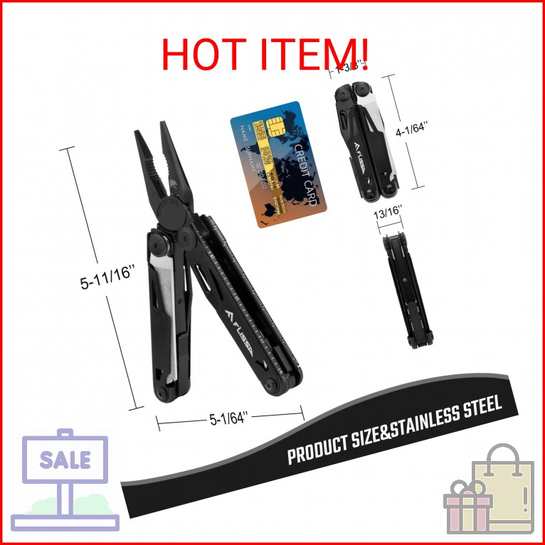FLISSA Multitool, 16-in-1 Multitools with Sheath, Stainless Steel EDC Multitool,