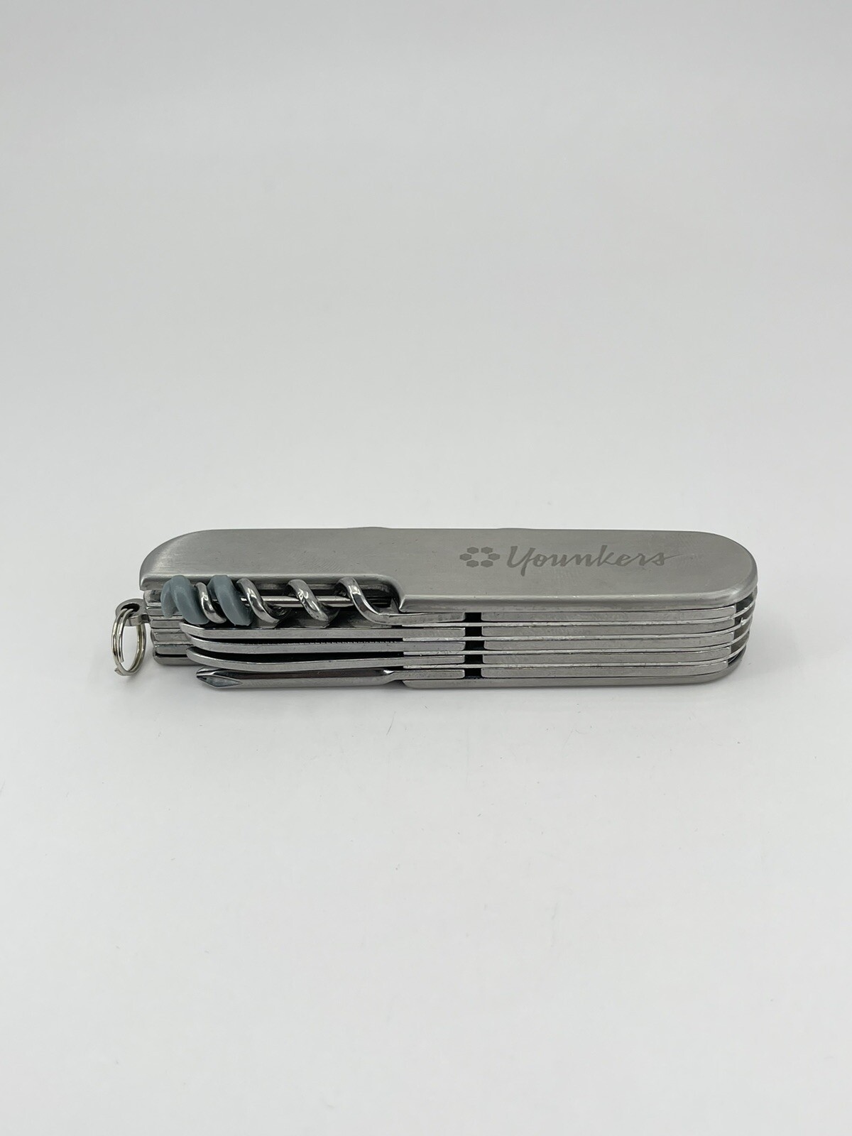 Younkers multi tool Pocket Knife can opener cork screw wood saw scissors file