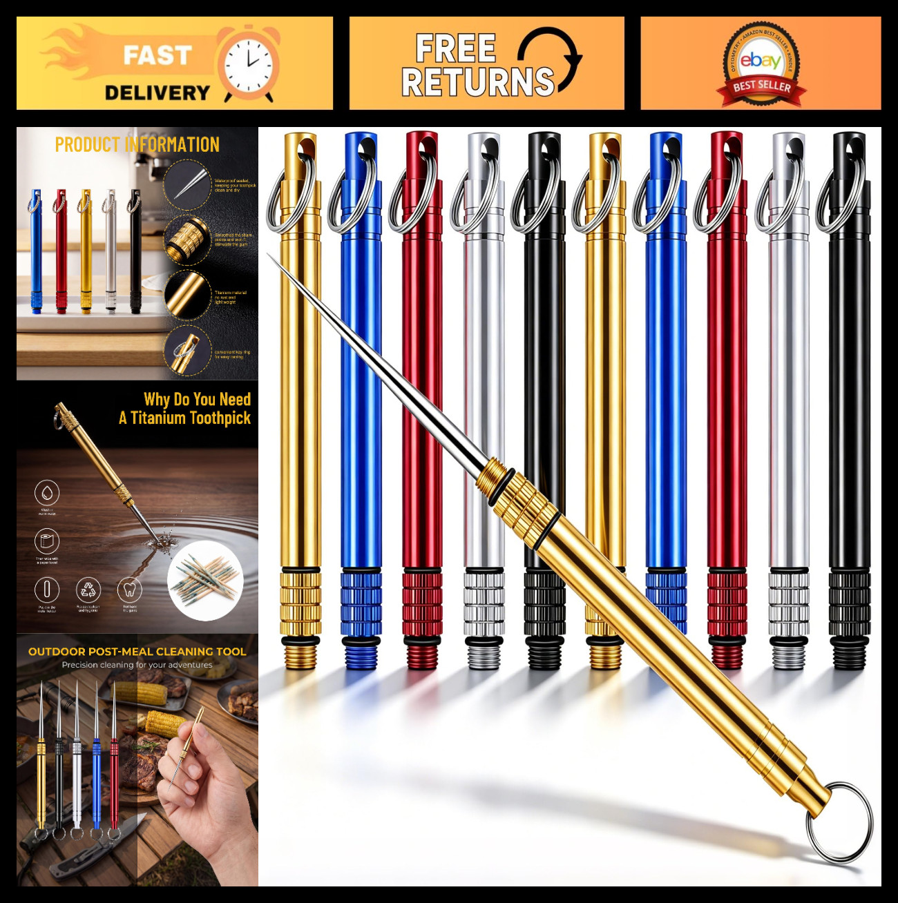 10Pcs Portable Titanium Toothpick Holder Set, Reusable Metal Picks with Keychain