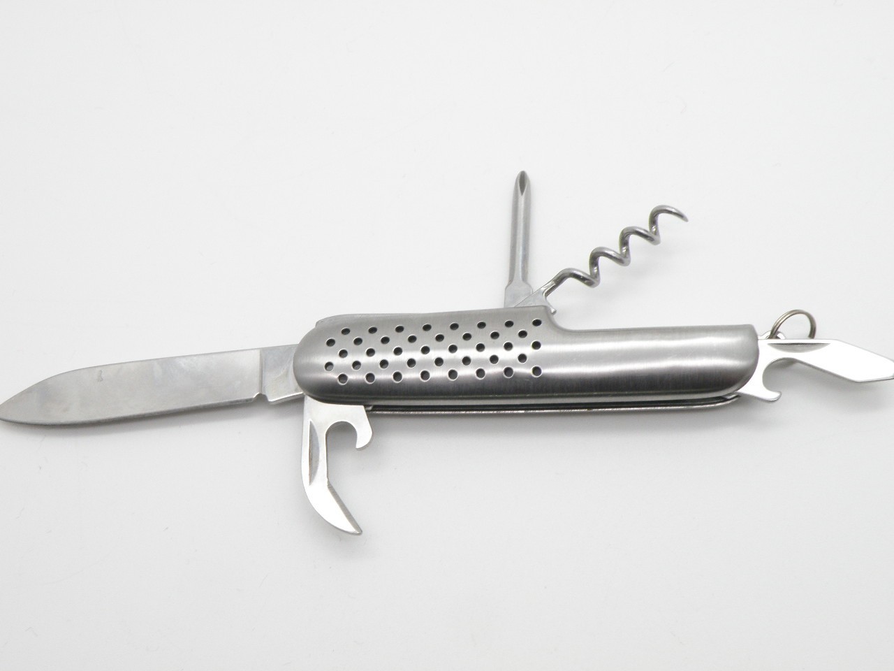 Vintage Silver Tone Multi-Tool Pocket Knife Stainless Steel Perforated Handle