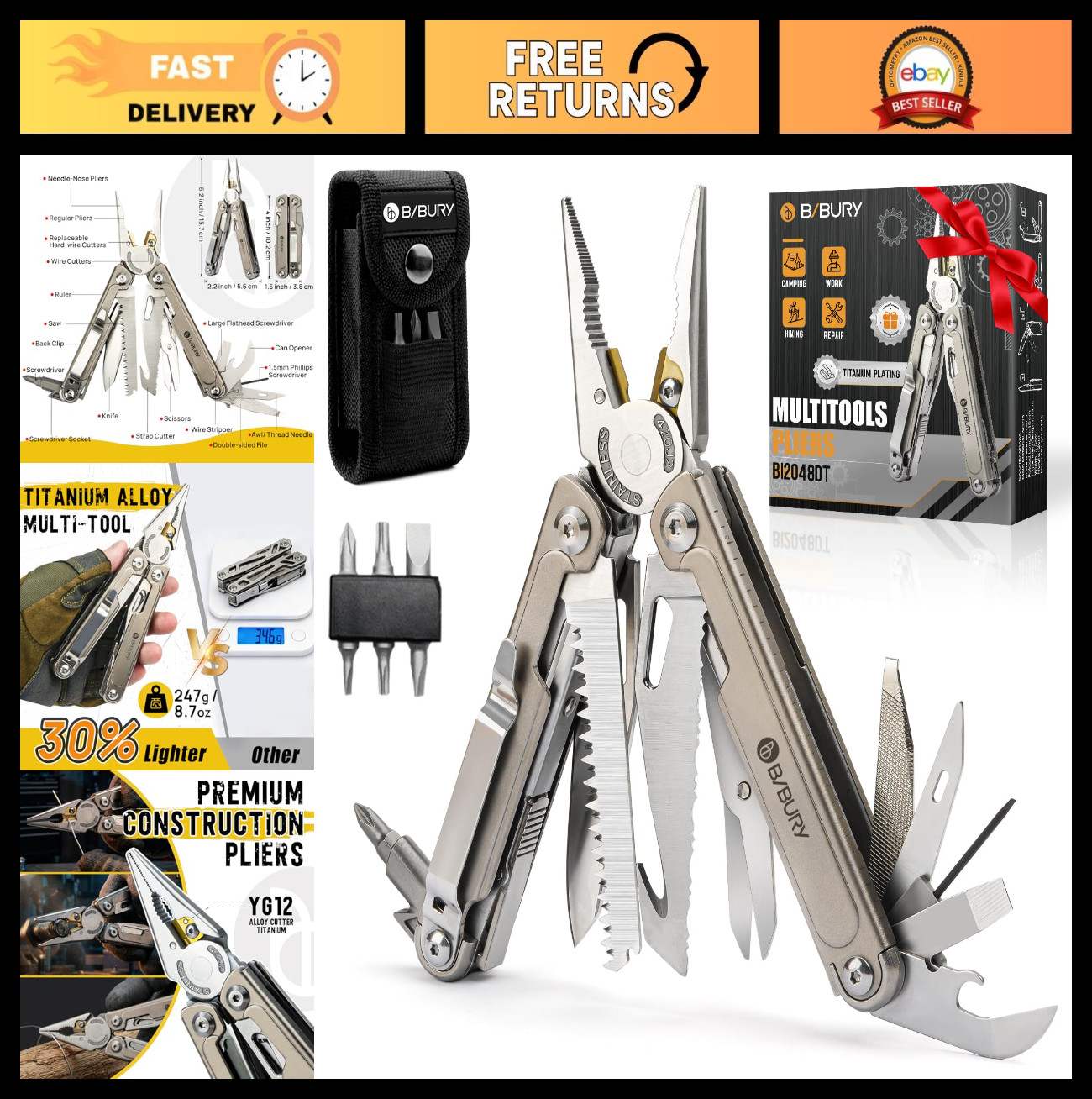 24-in-1 Titanium Multitool Pliers, Ultra-Light EDC Pocket Tool with Sheath, Camp
