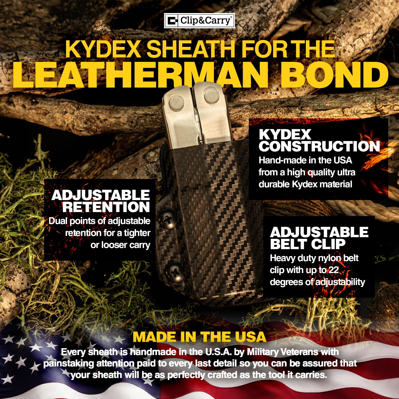 Clip & Carry Kydex Multitool Sheath fits Leatherman BOND – USA Made