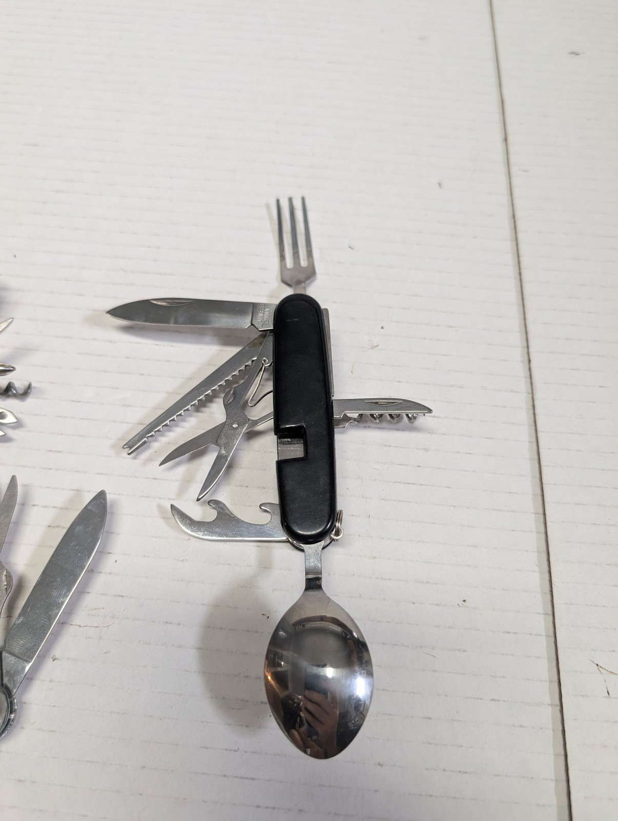 Multi Tool Pocket Knife Set 4pc Red Silver Black Camping Fork Spoon Corkscrew