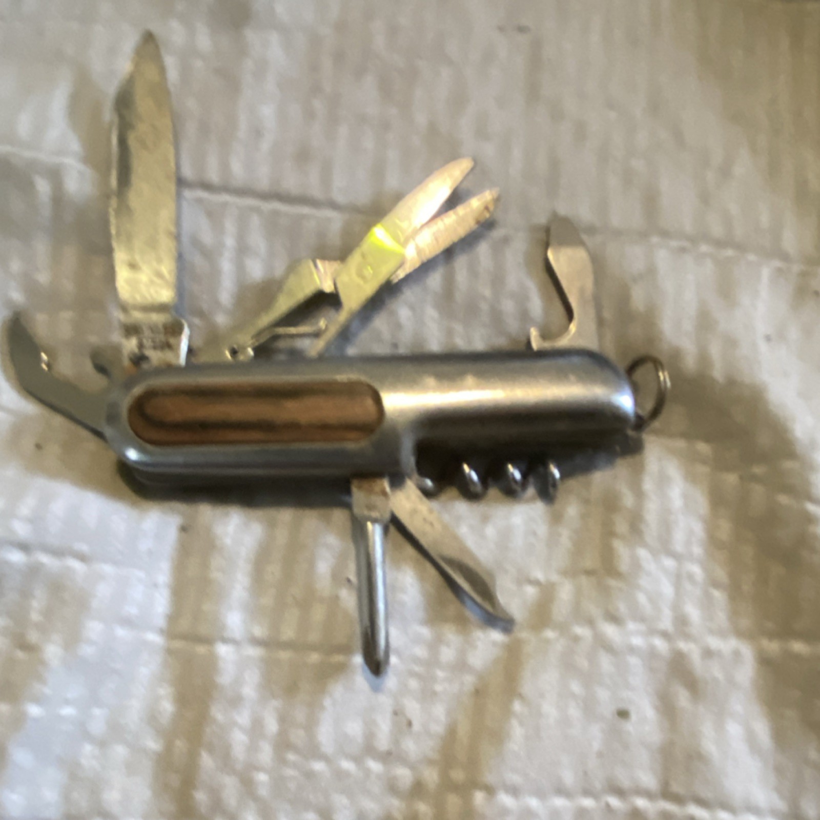 Stainless Steel & Wood Multi-Tool, Knife, Scissors, Corkscrew, Opener