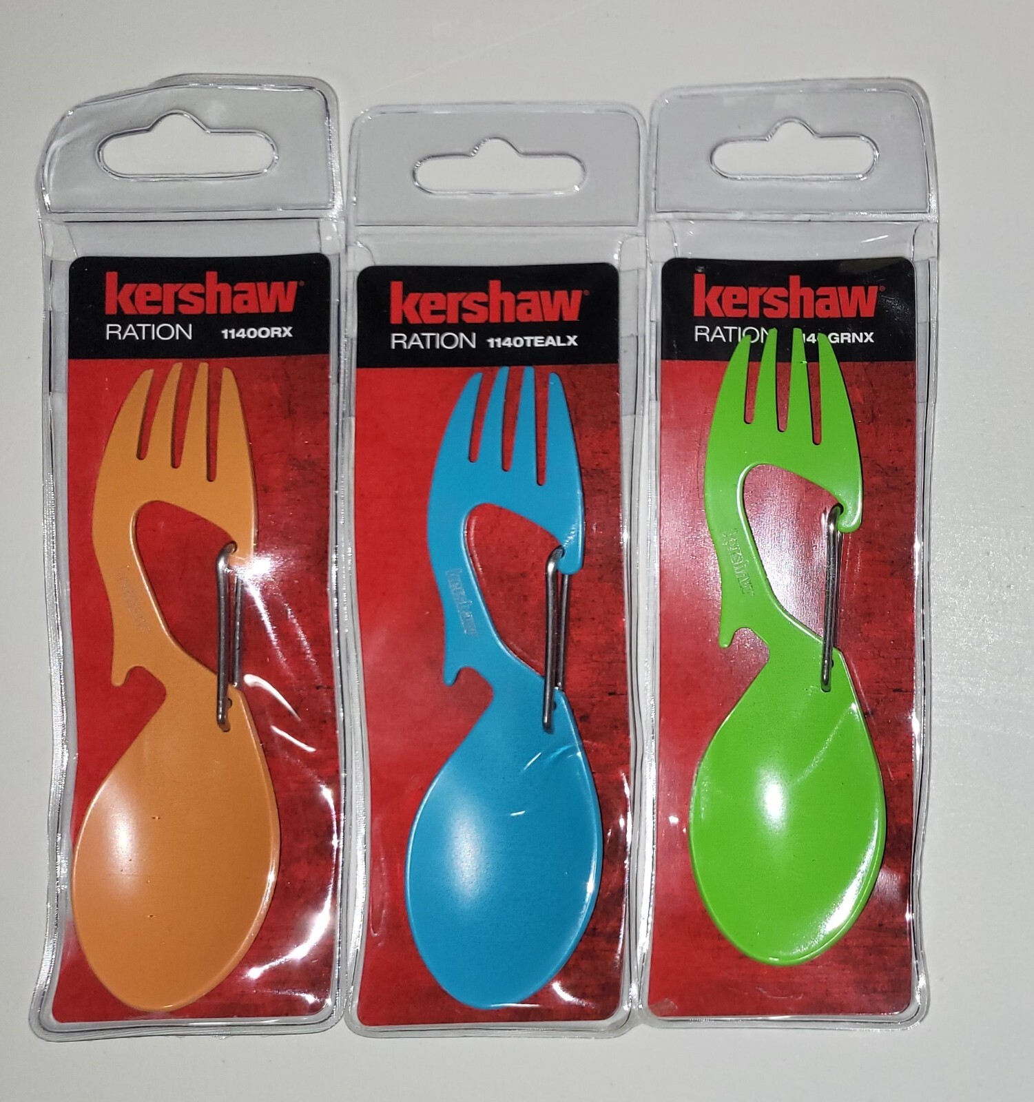 3 Kershaw Ration Multi Tool Spork Spoon Fork Carabiner & Bottle Open 1140