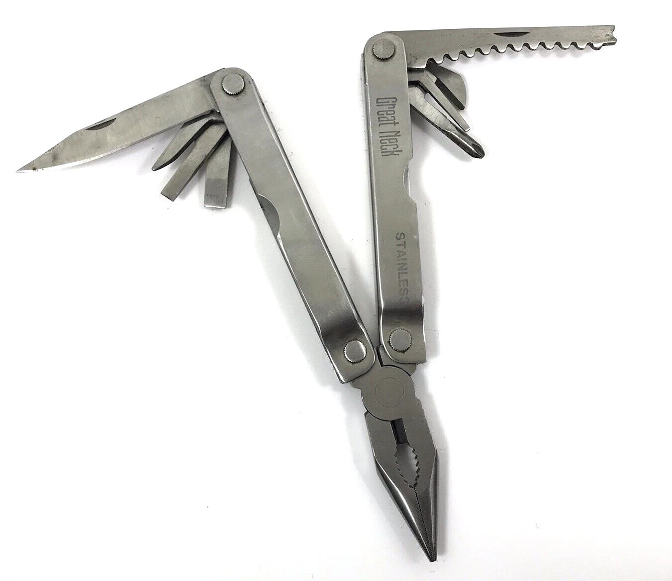 Great Neck Multi Tool Knife Pliers Screwdrivers Ruler Bottle Opener Stainless