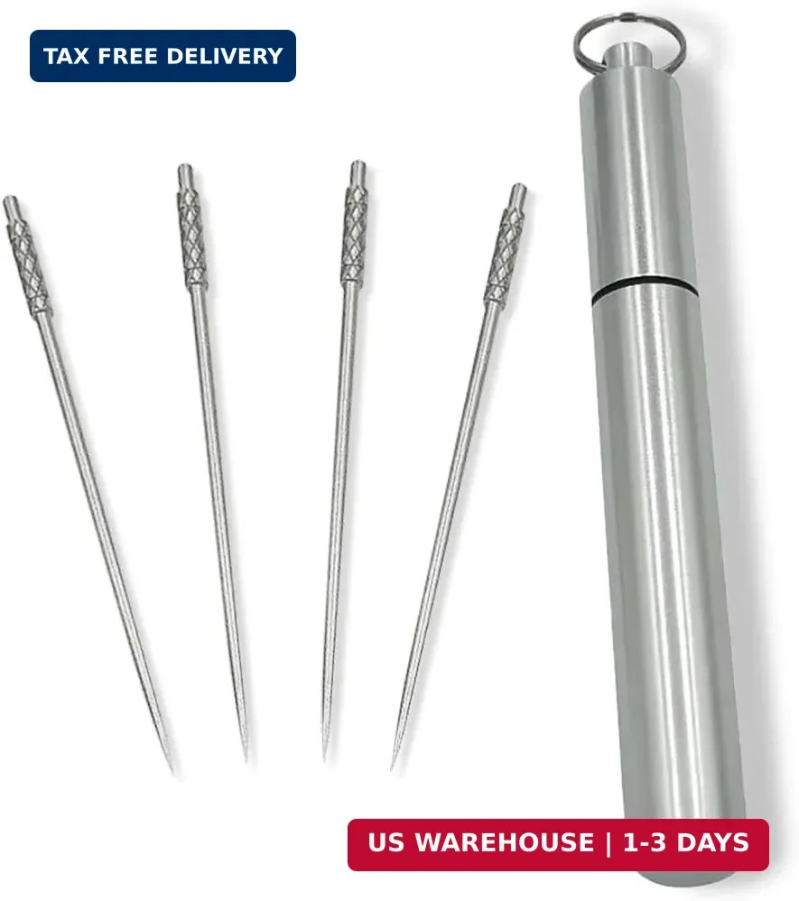 4 Pieces Titanium Toothpicks Set With Stainless Toothpick Holder for Keychain-Po