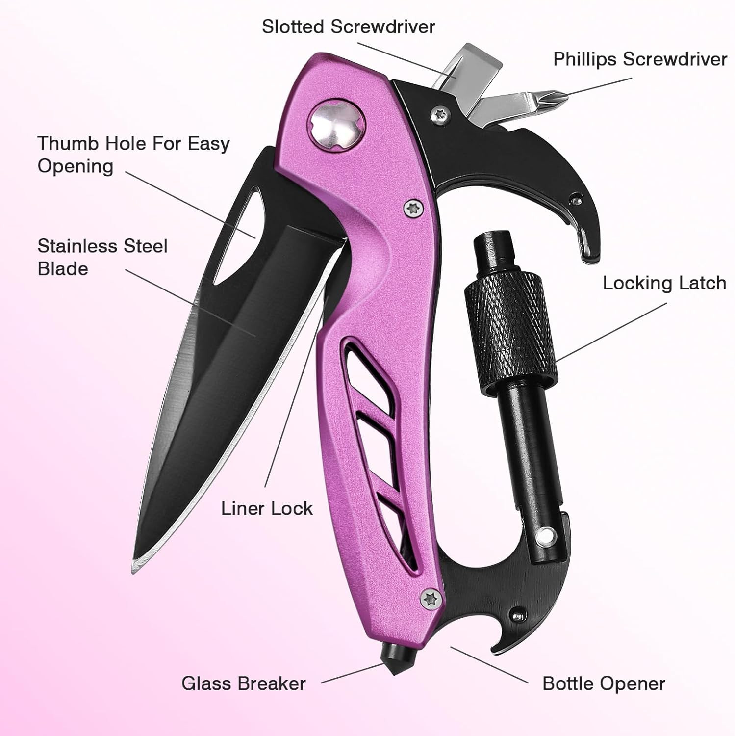 Pink Multitool Carabiner, Stocking Stuffers Gifts for Mom Women Wife, 6-In-1 Key
