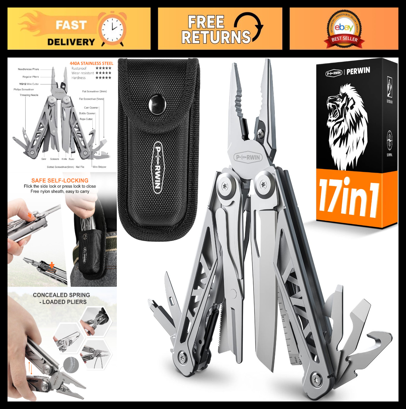 17-in-1 Stainless Steel Multitool Pliers, EDC Pocket Knife, Survival Gear, Campi