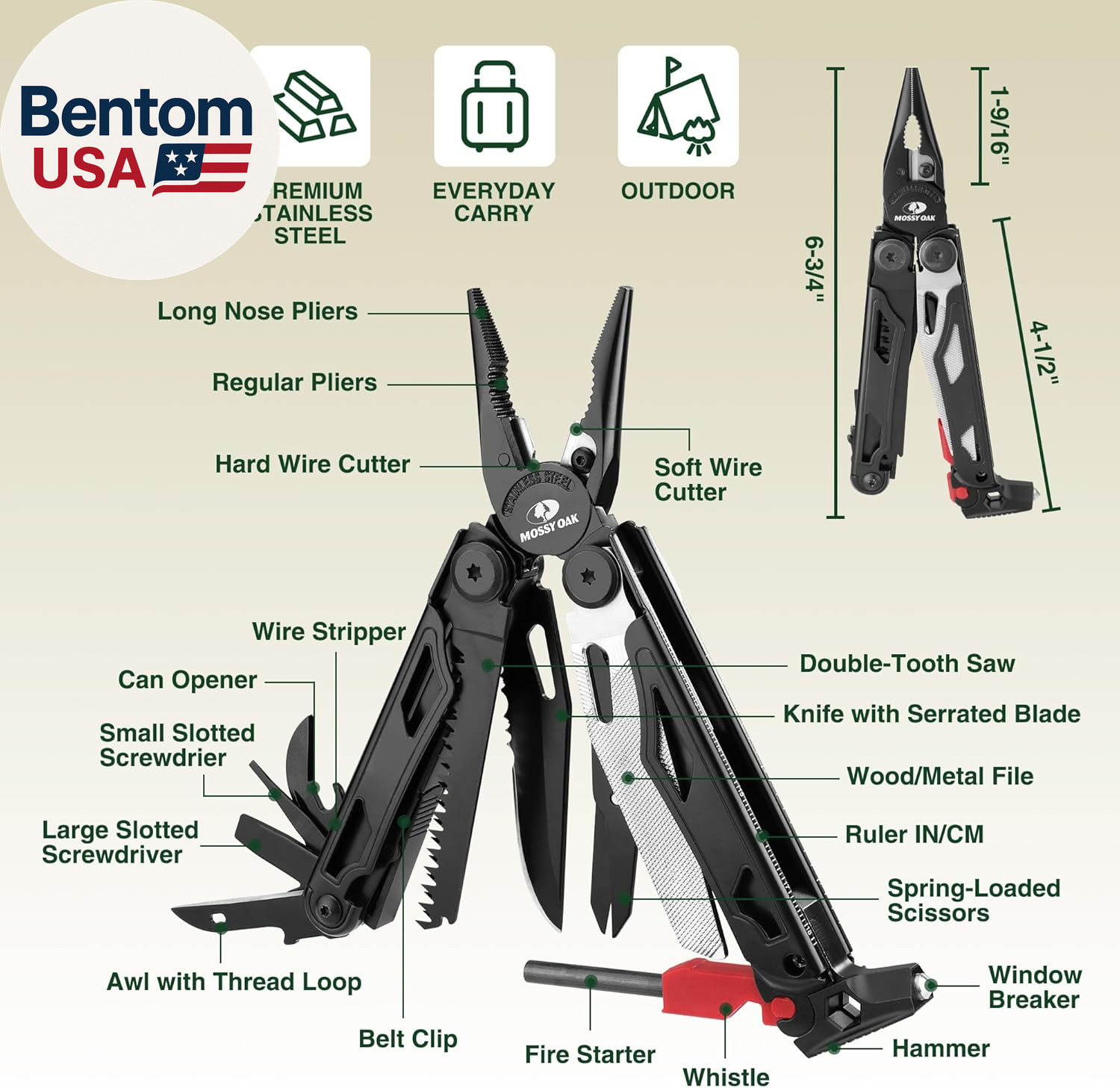 MOSSY OAK Multitool, 19-In-1 Stainless Steel Multi Tool Pliers, Survival Tools w