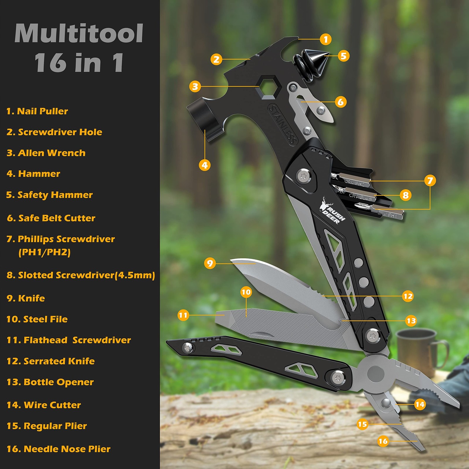 [Upgraded Hammer Multitool] Gift for Men Dad,16-in-1 Portable Multi Tool Plie…