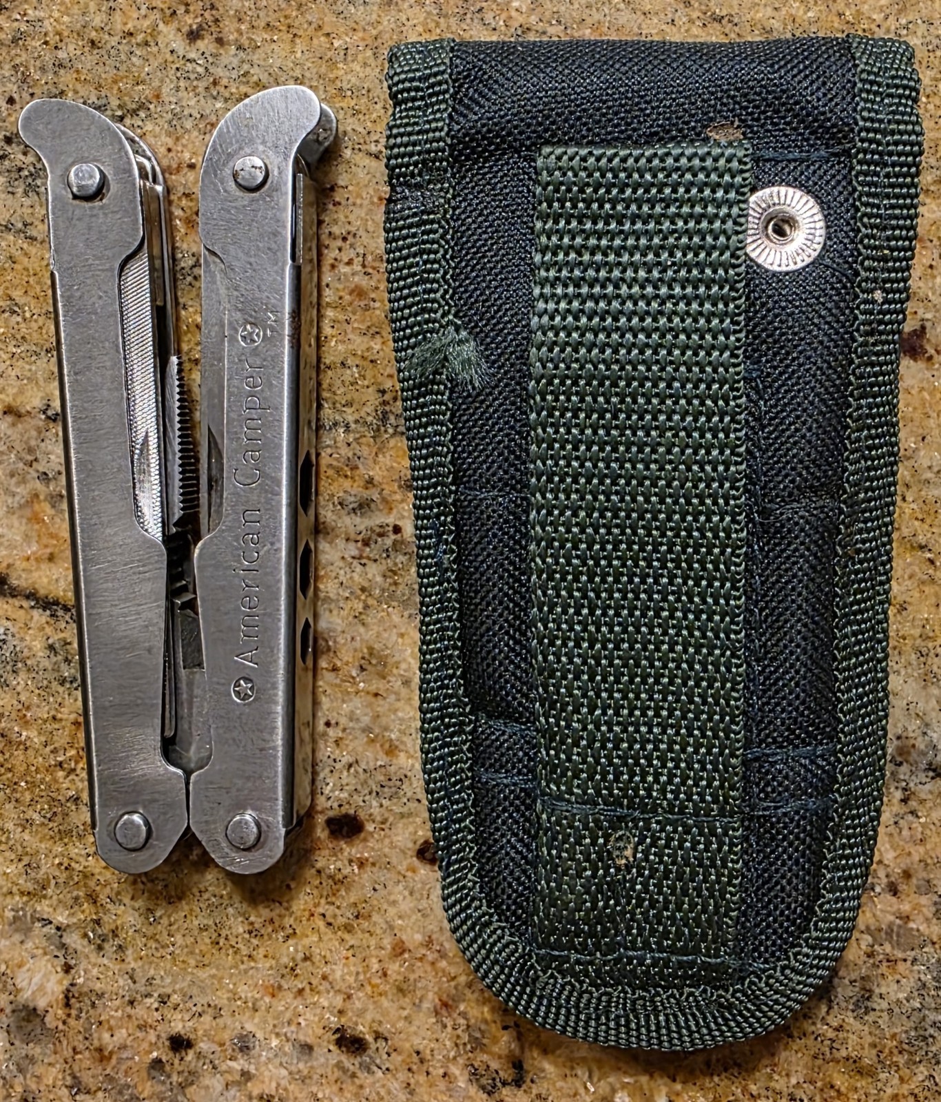 American Camper Multi Tool Green Sheath Pliers Ruler Can Opener Knife File