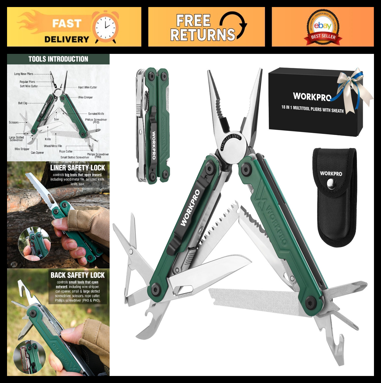 18-in-1 Stainless Steel Multitool with Pocket Knife, EDC Utility Tool for Campin